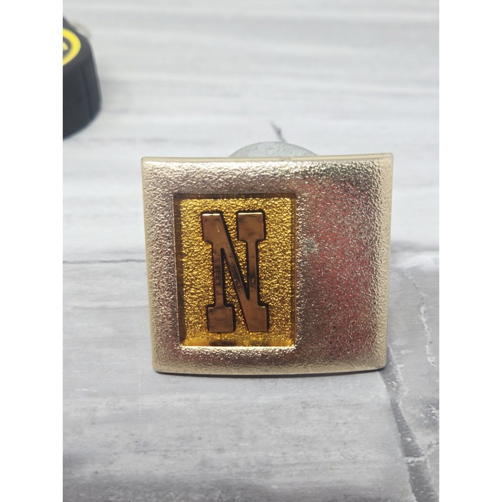 Vintage‎ Square "N" Belt Buckle by LEE N.Y. USA  Gold Tone Pebbled Metal